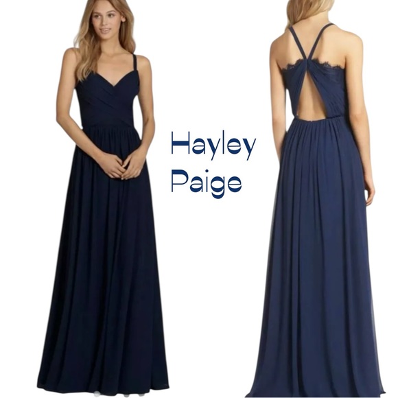 Hayley Paige Navy Sheer Lace Ruched Bridesmaid RoyalCore Maxi Dress NWT Size 10 - Picture 1 of 12